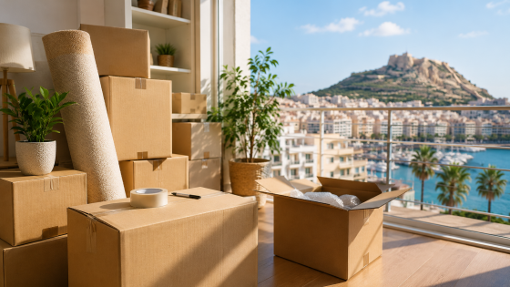 cajas preparadas para una mudanza en Alicante en una vivienda luminosa